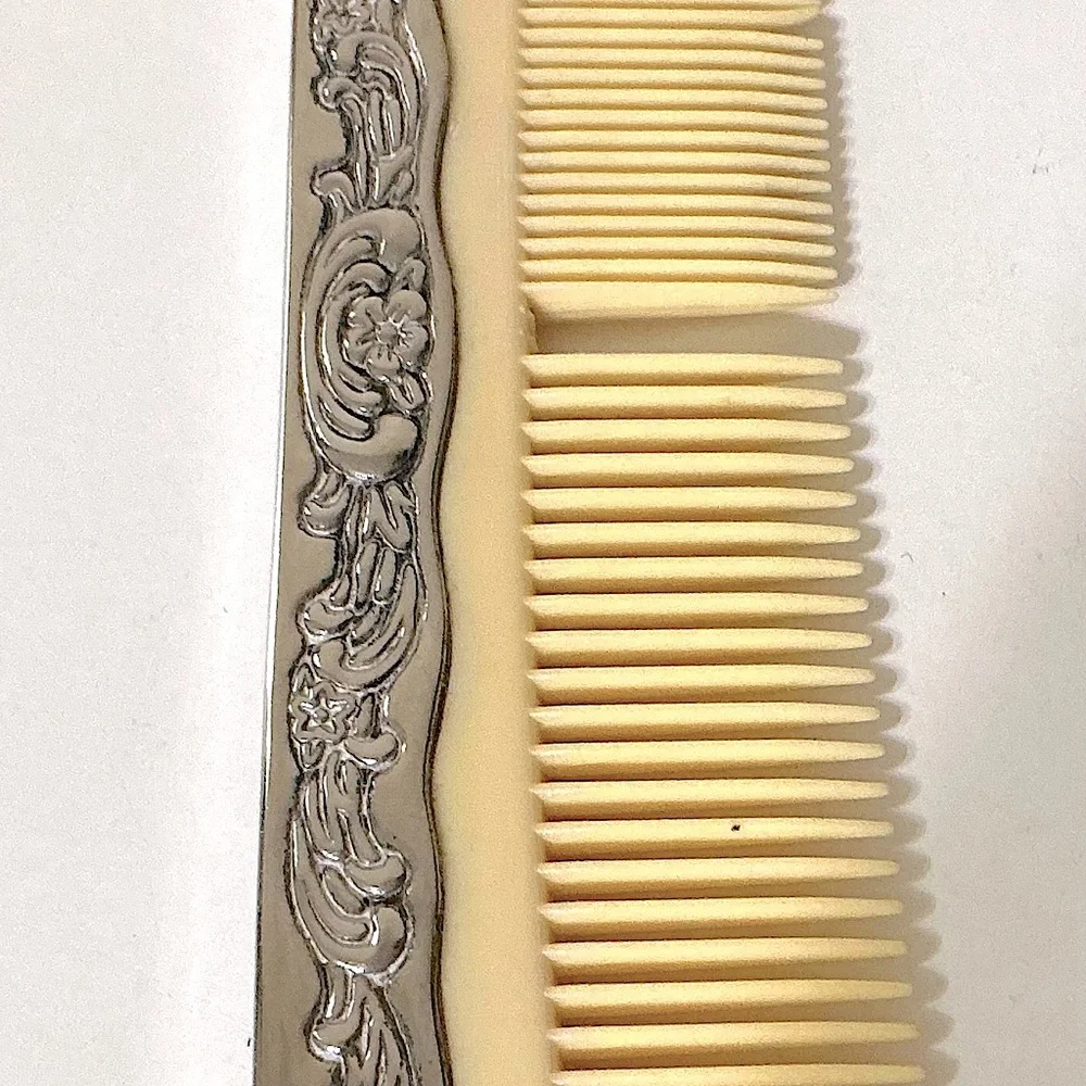 3 Pc Silver Plated Vanity Set, Dresser Mirror, Brush, Comb Set.